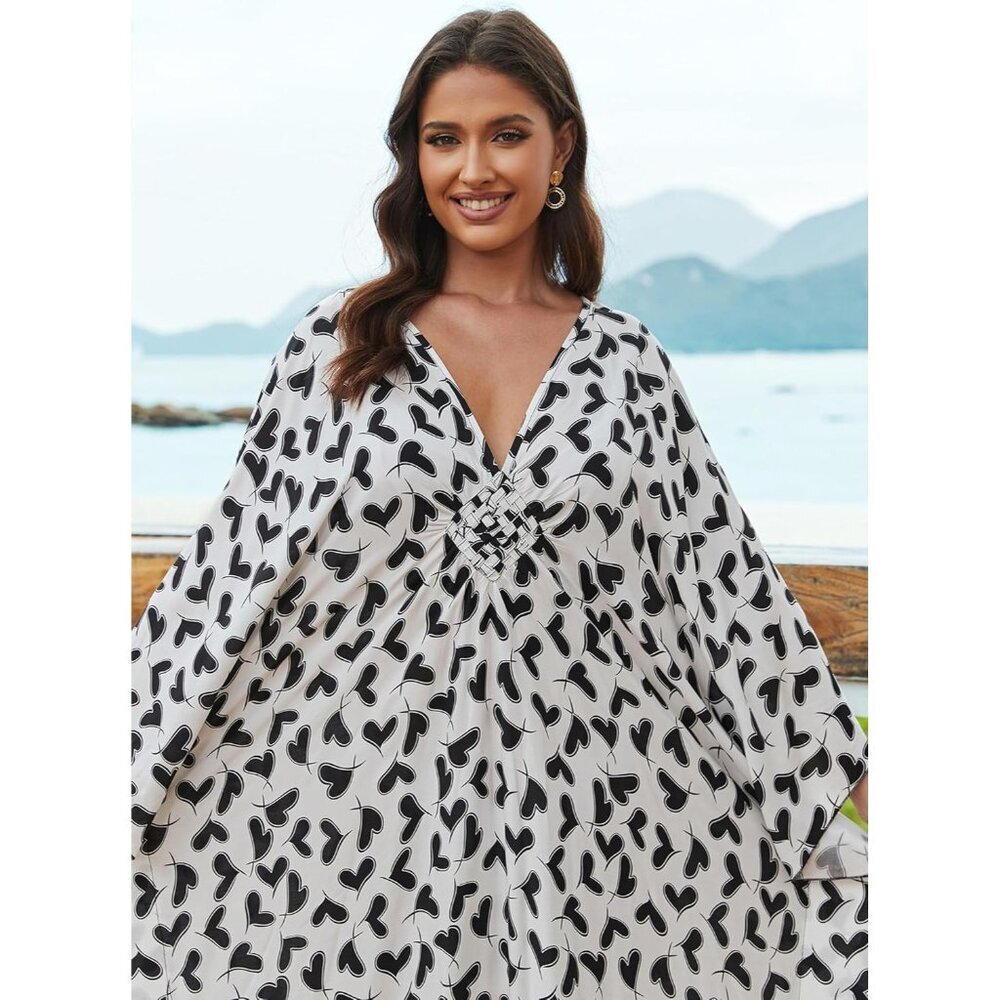 Women White Base With Hearts V-neck Sleeve Flowy Split Hem Bohemian Kaftan Dress - Picture 6 of 6